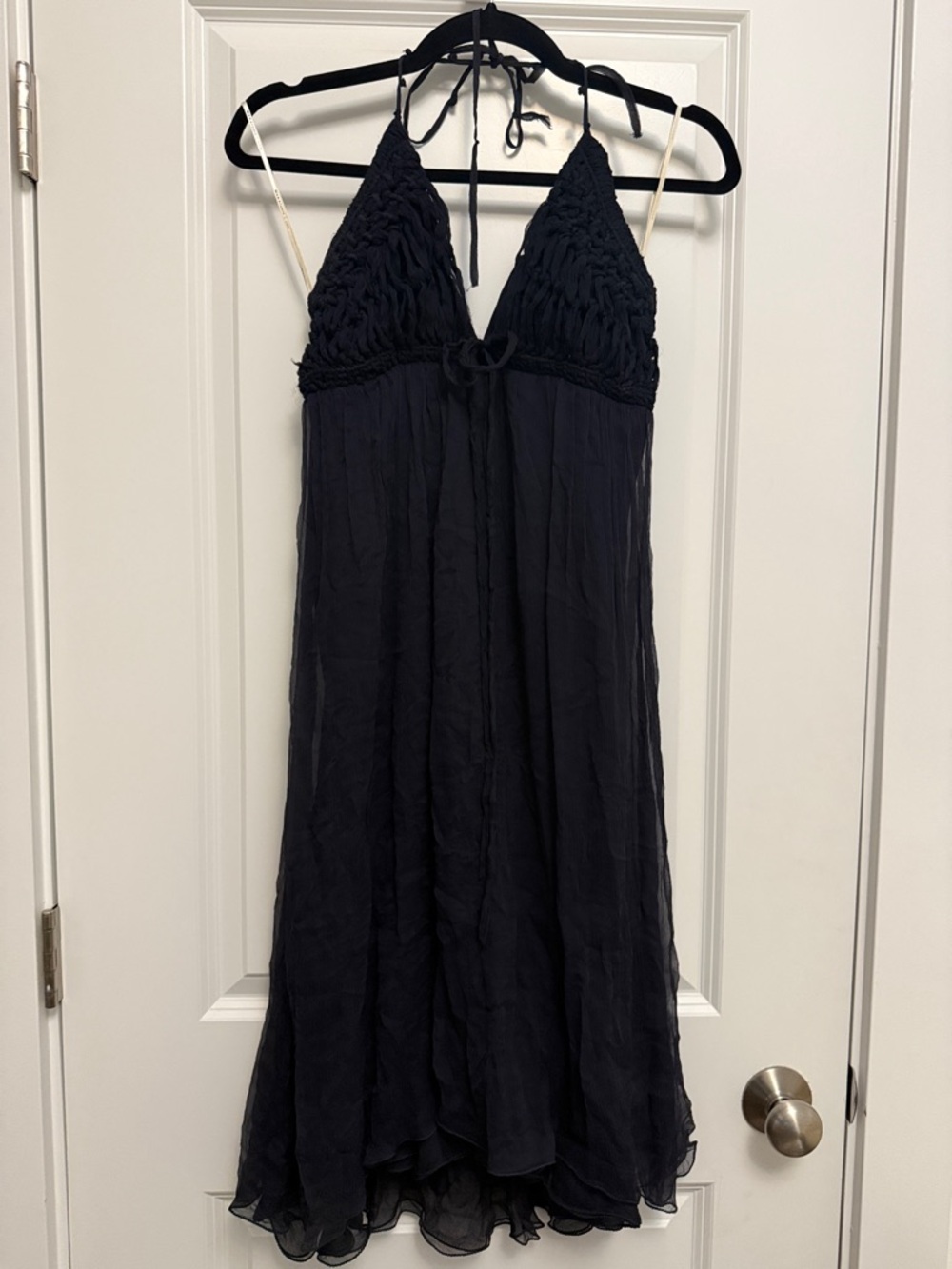 Max Studio Navy Silk Halter Dress with Smocked Bodice